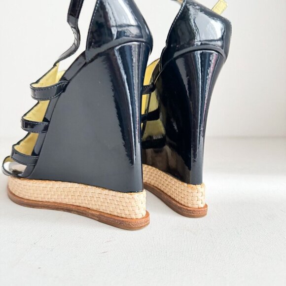 Pollini Raffia Patent Leather Navy Blue Wedge Summer Heels 40 - Picture 4 of 8